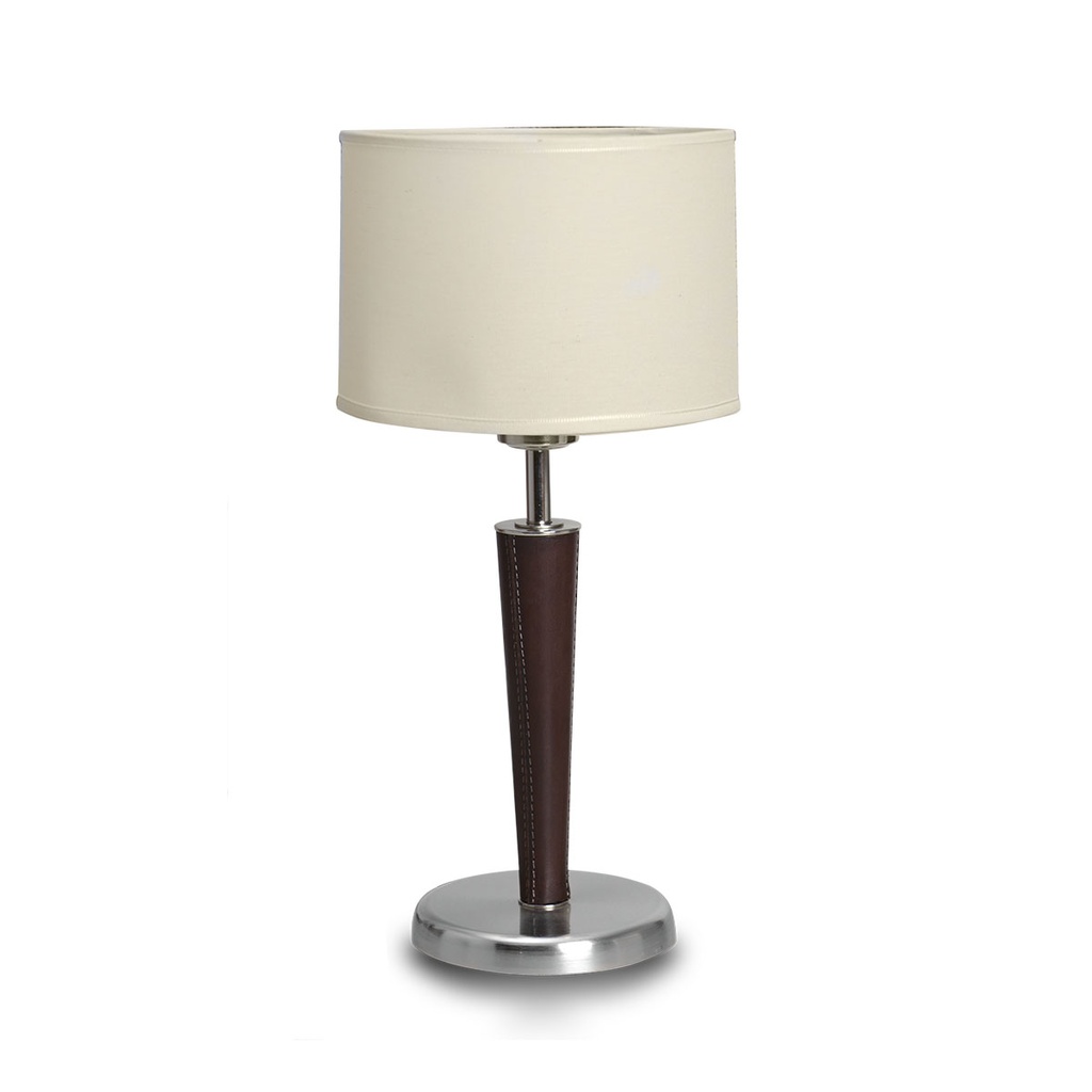 Velador deco c/pantalla Cilindrica Lienzo blanco acero/cuero Luz del Siglo