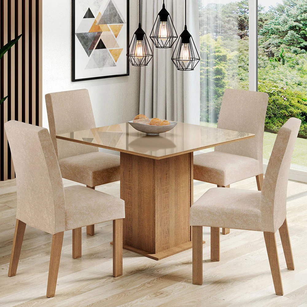 Juego comedor mesa 1mt con vidrio 4 sillas tapizadas Aura