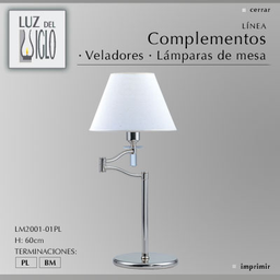 [LM3100-01ZLB-56-cromo/cuero] Lampara de mesa con movi c/pantalla acero cuer Cilindrica Lienzo blanco Luz del Siglo